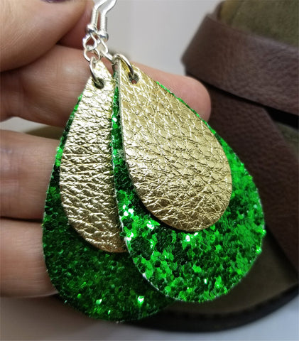 Chunky Green Glitter Very Sparkly Double Sided FAUX Leather Teardrops with Metallic Gold Leather Teardrop Overlay Earrings