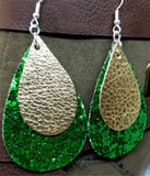 Chunky Green Glitter Very Sparkly Double Sided FAUX Leather Teardrops with Metallic Gold Leather Teardrop Overlay Earrings