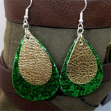 Chunky Green Glitter Very Sparkly Double Sided FAUX Leather Teardrops with Metallic Gold Leather Teardrop Overlay Earrings