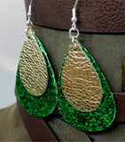 Chunky Green Glitter Very Sparkly Double Sided FAUX Leather Teardrops with Metallic Gold Leather Teardrop Overlay Earrings