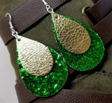 Chunky Green Glitter Very Sparkly Double Sided FAUX Leather Teardrops with Metallic Gold Leather Teardrop Overlay Earrings