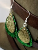 Chunky Green Glitter Very Sparkly Double Sided FAUX Leather Teardrops with Metallic Gold Leather Teardrop Overlay Earrings