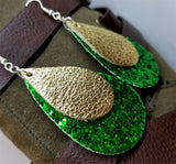 Chunky Green Glitter Very Sparkly Double Sided FAUX Leather Teardrops with Metallic Gold Leather Teardrop Overlay Earrings