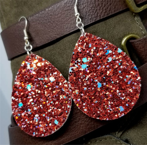 Red with Large Chunks of AB Blue Glitter Very Sparkly Double Sided FAUX Leather Teardrop Earrings