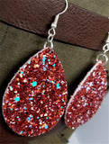 Red with Large Chunks of AB Blue Glitter Very Sparkly Double Sided FAUX Leather Teardrop Earrings