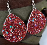 Red with Large Chunks of AB Blue Glitter Very Sparkly Double Sided FAUX Leather Teardrop Earrings