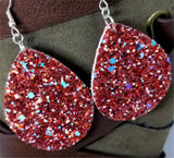 Red with Large Chunks of AB Blue Glitter Very Sparkly Double Sided FAUX Leather Teardrop Earrings