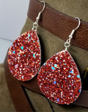 Red with Large Chunks of AB Blue Glitter Very Sparkly Double Sided FAUX Leather Teardrop Earrings