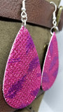 Magenta Glittering FAUX Leather Teardrop Earrings with Purple Metallic Feathers Printed On Them