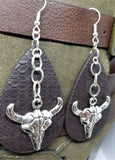 Cow Skull Charm on Brown FAUX Leather Earrings