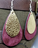 Worn Red Tear Drop Shaped FAUX Leather Earrings with Gold Metallic REAL Leather Teardrop Overlay