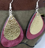 Worn Red Tear Drop Shaped FAUX Leather Earrings with Gold Metallic REAL Leather Teardrop Overlay