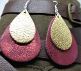 Worn Red Tear Drop Shaped FAUX Leather Earrings with Gold Metallic REAL Leather Teardrop Overlay