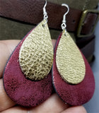 Worn Red Tear Drop Shaped FAUX Leather Earrings with Gold Metallic REAL Leather Teardrop Overlay