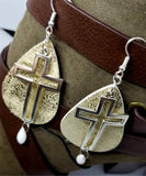 Worn Gold Faux Leather Earrings with Silver Cross and White Alabaster Briolette Crystal Dangles
