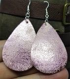 Worn Shiny Pink Tear Drop Shaped FAUX Leather Earrings