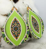 Green and Orange Mandala FAUX Leather Teardrop Earrings