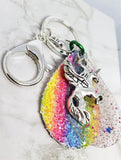 Winged Unicorn Charm on Faux Rainbow Glitter Leather Keychain