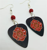 Fire Department Shield Charm Guitar Pick Earrings with Red Pave Beads