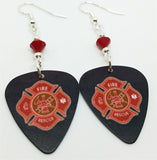 Fire Department Shield Charm Guitar Pick Earrings with Red Swarovski Crystals