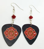 Fire Department Shield Charm Guitar Pick Earrings with Red Swarovski Crystals