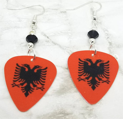 Albanian Flag Guitar Pick Earrings with Black Swarovski Crystals