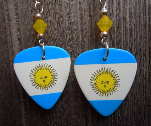 Argentinian Flag Guitar Pick Earrings with Yellow Opal Swarovski Crystals
