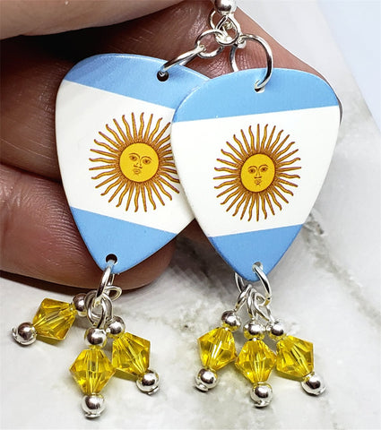 Argentinian Flag Guitar Pick Earrings with Yellow Swarovski Crystal Dangles