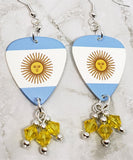 Argentinian Flag Guitar Pick Earrings with Yellow Swarovski Crystal Dangles