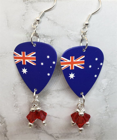 Australian Flag Guitar Pick Earrings with Red Swarovski Crystal Dangles