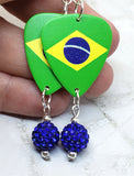 Brazilian Flag Guitar Pick Earrings with Blue Pave Bead Dangles