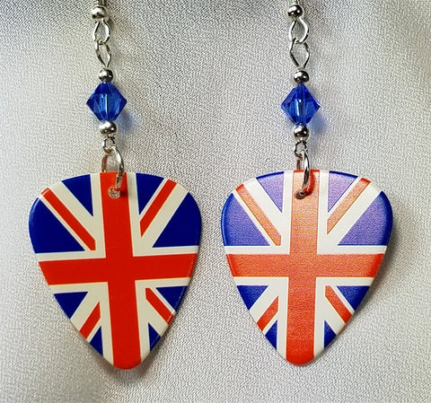 British Flag Guitar Pick Earrings with Blue Swarovski Crystals