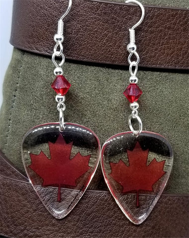 Canadian Flag Transparent Guitar Pick Earrings with Red Swarovski Crystals