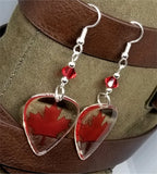 Canadian Flag Transparent Guitar Pick Earrings with Red Swarovski Crystals