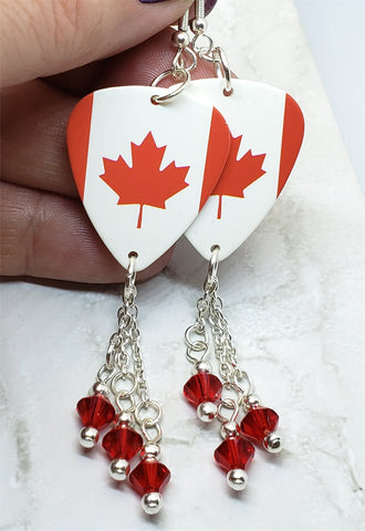 Canadian Flag Guitar Pick Earrings with Red Swarovski Crystal Dangles