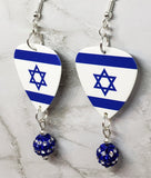 Israeli Flag Guitar Pick Earrings with Blue and White Striped Pave Bead Dangles