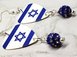 Israeli Flag Guitar Pick Earrings with Blue and White Striped Pave Bead Dangles