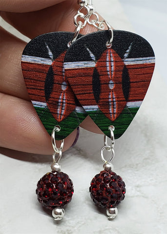 Kenyan Flag Guitar Pick Earrings with Red Pave Bead Dangles