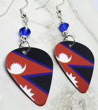 Nepali Flag Guitar Pick Earrings with Blue Swarovski Crystals