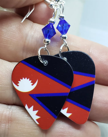 Nepali Flag Guitar Pick Earrings with Blue Swarovski Crystals