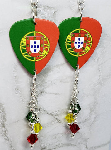 Portuguese Flag Guitar Pick Earrings with Swarovski Crystal Dangles