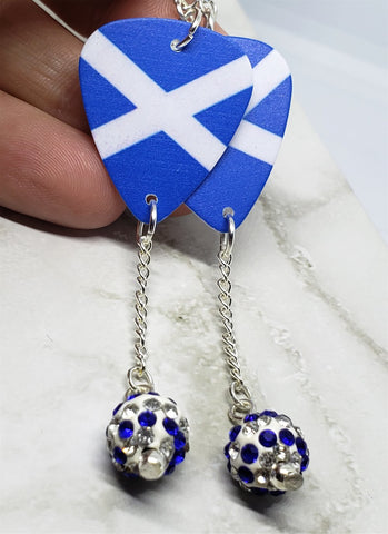Scottish Flag Guitar Pick Earrings with White and Blue Striped Pave Bead Dangles