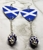 Scottish Flag Guitar Pick Earrings with White and Blue Striped Pave Bead Dangles