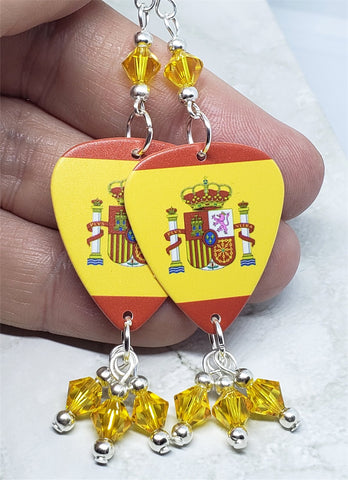 Spanish Flag Guitar Pick Earrings with Yellow Swarovski Crystals