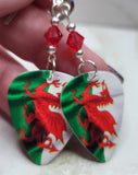 Welsh Flag Guitar Pick Earrings with Red Swarovski Crystals