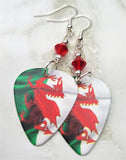 Welsh Flag Guitar Pick Earrings with Red Swarovski Crystals