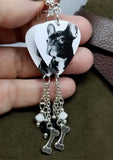 French Bulldog Guitar Pick Earrings with Silver Bone Charm and Swarovski Crystal Dangles