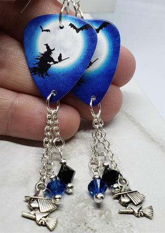 Witch on Broomstick with Cat Guitar Pick Earrings with Charm and Swarovski Crystal Dangles
