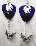Haunted Castle in Front of a Full Moon Guitar Pick Earrings with Bat Charm Dangles