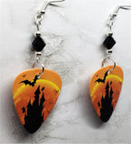 Haunted Castle with Bats and Ghosts Guitar Pick Earrings with Black Swarovski Crystals